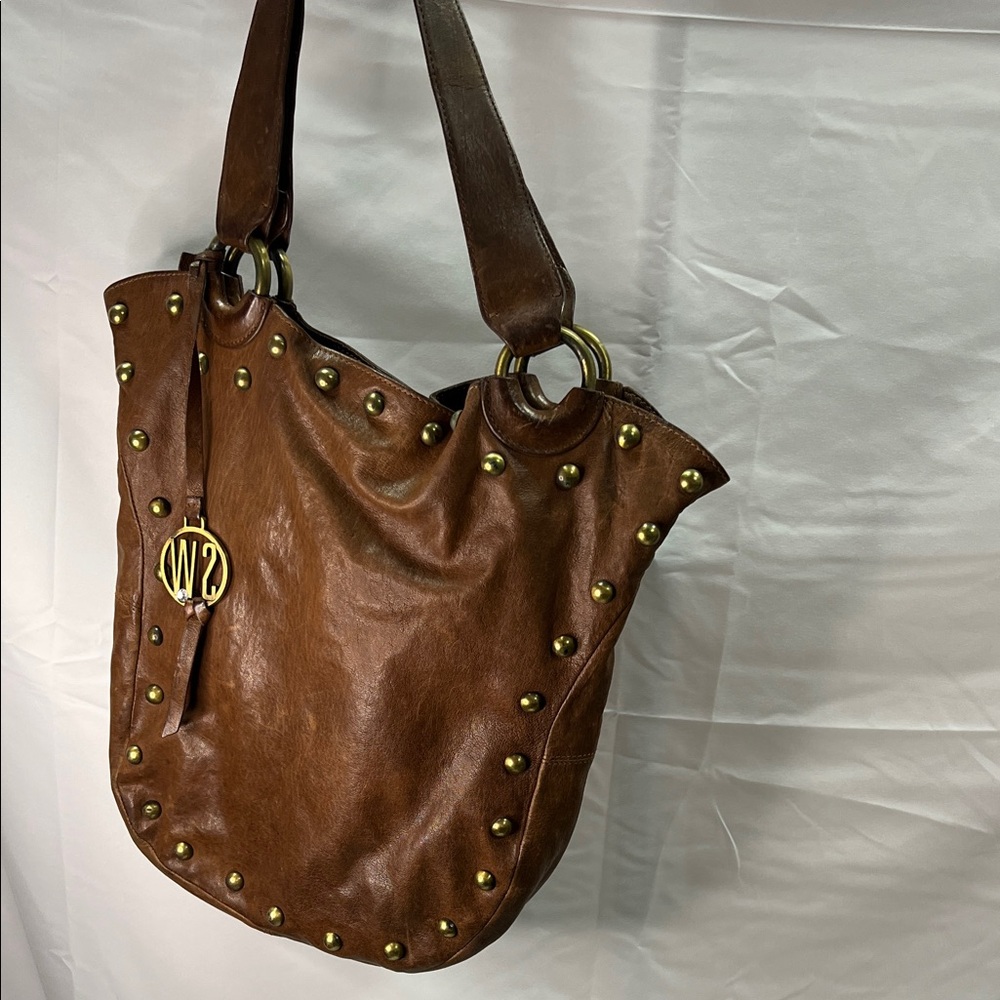 Stuart Weitzman Brown Leather Shoulder Bag with Gold Accents